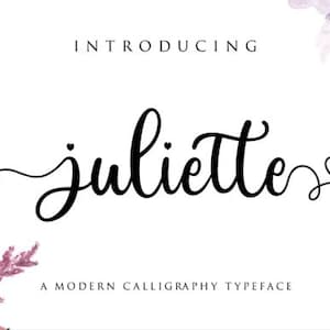 May include: Introducing Juliette, a modern calligraphy typeface. The word "Juliette" is written in a cursive script with two small hearts on either side.