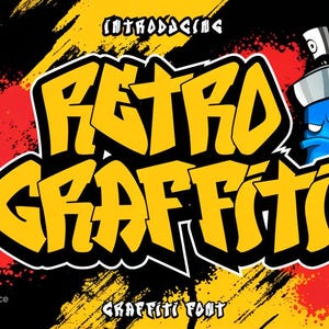 May include: A yellow and black graffiti font called "Retro Graffiti" with a blue spray paint can with a cartoon face. The text "Introducing" is above the font and "Graffiti Font" is below the font.