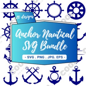 Op de afbeelding: Een set van 20 nautisch gethematiseerde SVG-ontwerpen, waaronder ankers, wielen en andere nautische symbolen. De ontwerpen zijn in blauw en wit en zijn perfect voor knutselprojecten.