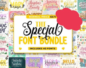 May include: A collection of 40 colorful fonts in a bundle. The fonts are displayed in a grid with each font name and a sample of the font style. The text "The Special Font Bundle" is displayed in a large, bold font. The text "Includes 40 Fonts" is displayed in a smaller font below the bundle name. The text "Normal Price $571" is displayed in a smaller font above the bundle name.
