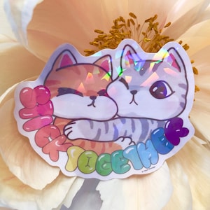Adesivo gatto carino, adesivo gatto kawaii, adesivo olografico vetro rotto, coppie, adesivo abbraccio amici, gattino, bottiglia d'acqua, bicchiere, computer portatile