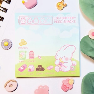 Low Battery Sticky Notes – Bunny Eating Snacks Pixel Art Memo Pad | Pastel Computer Window Sticky Note for Study Breaks