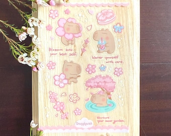 Cherry Blossom Capybara Clear Sticker Sheet – Cute Spring Flower Stickers for Journal, Laptop, Water bottle, Tumbler, Cell and etc.