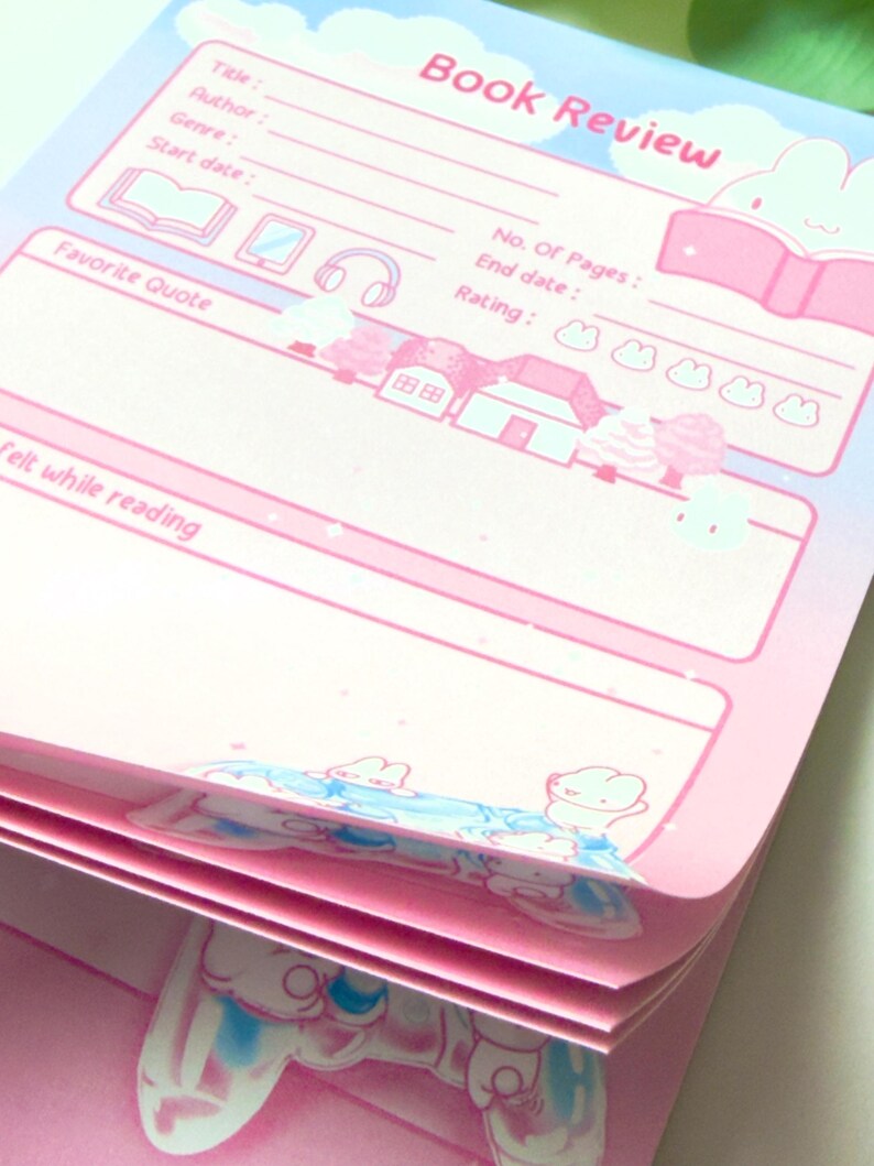 Book Review Notepad, Kawaii Art Bunny Bookish Stationery, Cozy Reader ...