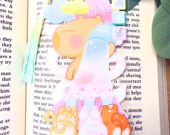 Capybara Pouring Slush Bookmark, Pink Slush Drink, Cute Cat, Bunny, and Dog, Pixel Clouds, Ombre Tassel, Clear Plastic Kawaii Reading Gift