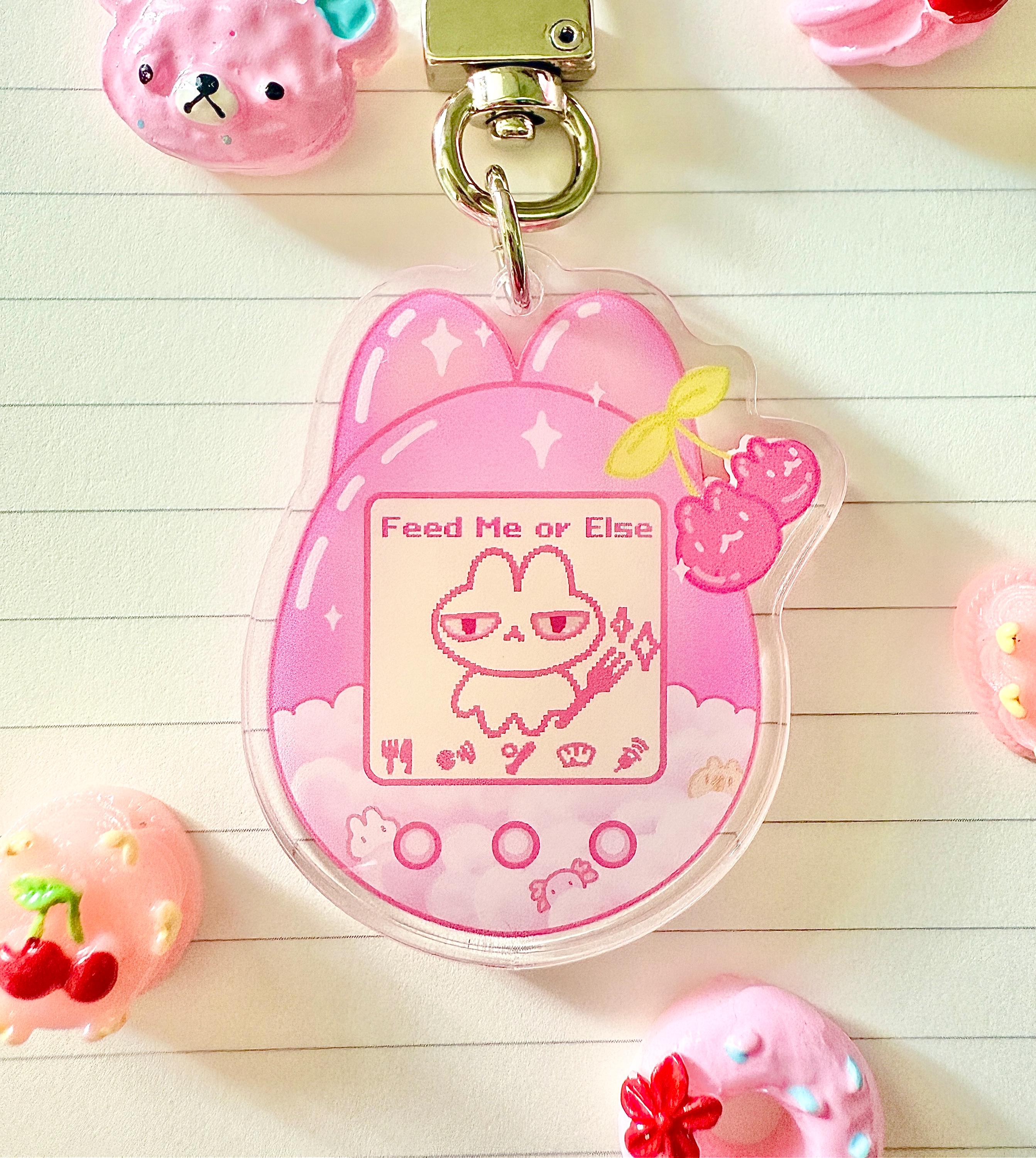 Feed Me or Else Keychain – Pink Aesthetic Bunny Tamagotchi