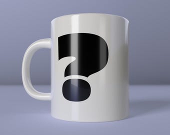 May include: White ceramic mug featuring a large black question mark. The mug has a curved handle and a glossy finish. The words "create happiness" are printed in small, gray text at the bottom right.