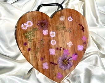 Heart Shaped Purple Flower Charcuterie Board | Silver Glitter Frosted Floral Resin Board | Serving Tray | Cheese Board | Wild Flower