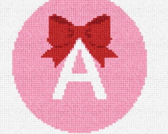 Hand Painted Needlepoint Canvas - Custom Bow Initial Ornament -  18/13 count