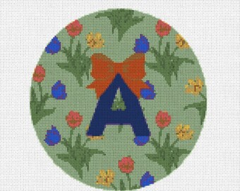 Hand Painted Needlepoint Canvas - Custom Spring Flower Initial Ornament