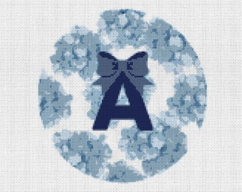 Hand Painted Needlepoint Canvas - Custom Hydrangea Initial Ornament -  18/13 count