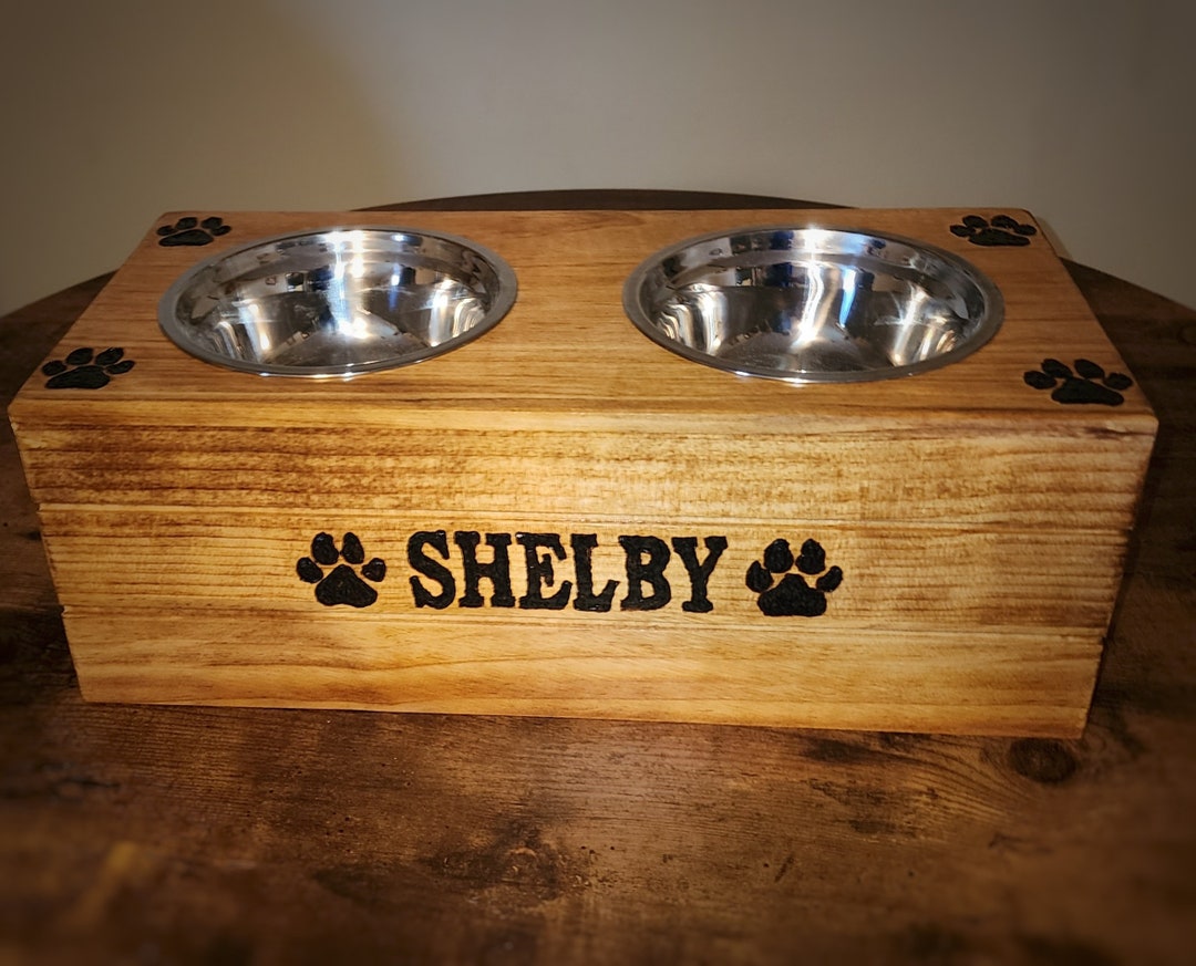 Personalized Dog Bowl Stand. Names and Paw Prints Are Wood Burned ...