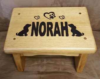 Personalized Step Stool with Custom Images. Two Carrying Handles for Toddlers to Adults. Solid Wood with Wood Burned Images.