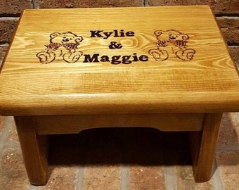 Teddy Bear Two Personalized Names Step Stool. Two Carrying Handles for Easy Carrying from Toddlers to Adults. Solid Wood.