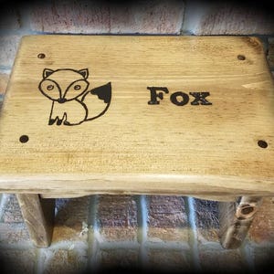 Wood Burned fox with Personalized Name and Carrying Handles. Solid Wood Step Stool Safe for Toddlers and Kids. Water Resistant Finish.