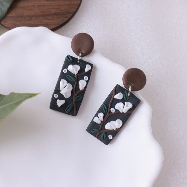 Black Small Flower Earrings, Vintage Earrings, Premium Polymer Earrings, Gifts