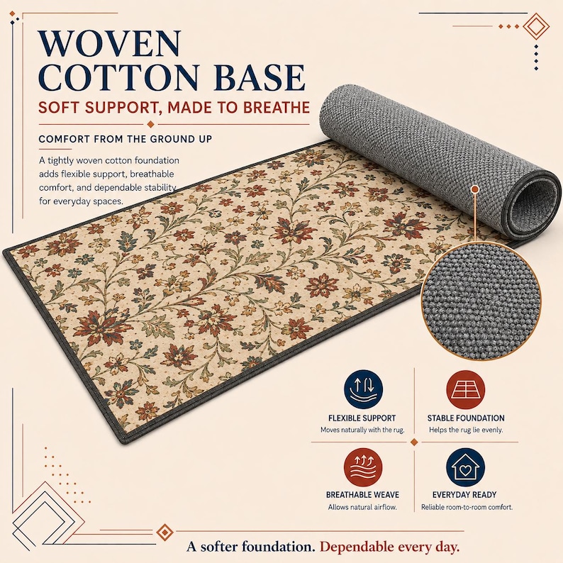 The image is an advertisement for a woven cotton base rug. It features a close-up of the rug's texture and a rolled-up rug on a light background. The ad highlights the rug's features, such as its soft support, stable foundation, and breathable weave, which provide comfort and stability for everyday use.