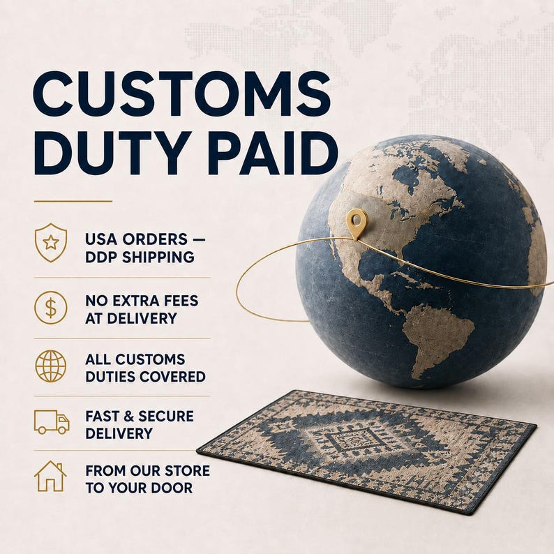 The image is an advertisement for customs duty paid services, featuring a globe and a rug. The text highlights the benefits of using the service, including USA orders, DDP shipping, no extra fees at delivery, all customs duties covered, fast and secure delivery, and from the store to your door.