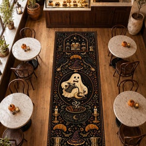 Puede incluir: Una alfombra rectangular larga con fondo oscuro que presenta una ilustración central de un fantasma sirviendo café, rodeada de motivos de sombreros de bruja, cruasanes, cafeteras, cuervos, velas y lunas crecientes en un café.