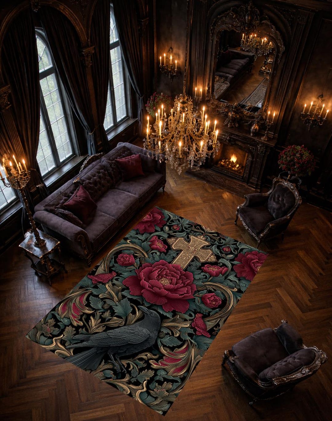 Gothic Church Rug Gothic Raven Cross Rug, Dark Floral Victorian Decor - Etsy