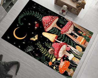 Mushroom Area Rug: Rustic Floral Design, Non-Slip Cotton Base