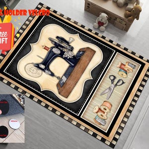 May include: A rectangular area rug featuring a vintage sewing machine illustration centered on a cream-colored scalloped background, flanked by a side panel displaying sewing scissors and wooden thread spools, all framed by a black and tan border.