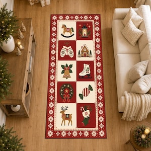 May include: A rectangular runner rug featuring a red and cream grid pattern with festive holiday icons including a rocking horse, lantern, mittens, gingerbread house, bell, ice skate, wreath, candy, reindeer, and a stocking, framed by a snowflake border.