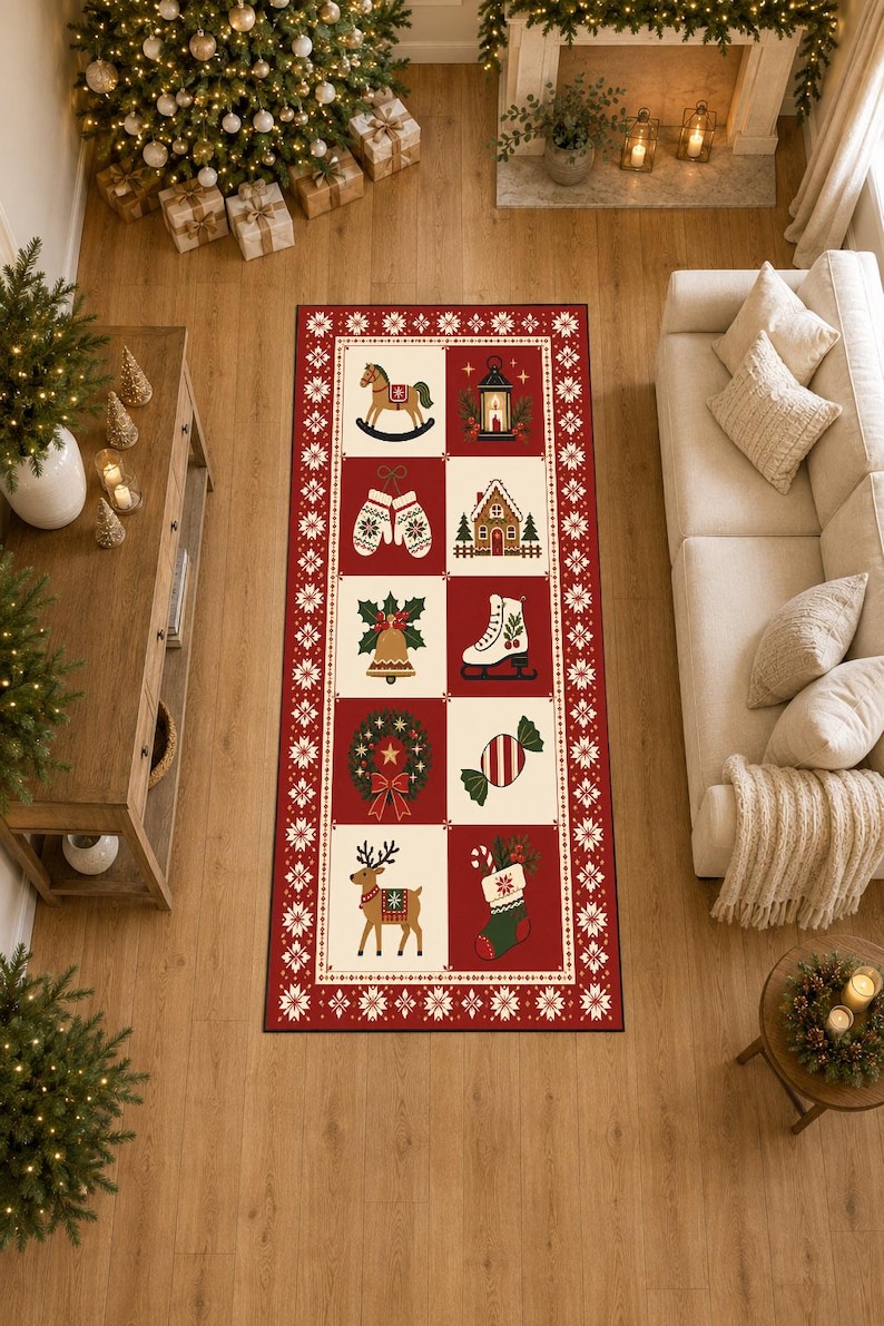May include: A rectangular runner rug featuring a red and cream grid pattern with festive holiday icons including a rocking horse, lantern, mittens, gingerbread house, bell, ice skate, wreath, candy, reindeer, and a stocking, framed by a snowflake border.