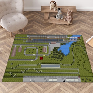 Alfombra de ferrocarril, alfombra de vías de tren, alfombra de tren, alfombra de riel, alfombra de mapa de juego, tapete de juego, niños, regalo para, decoración de habitación de niños, regalo para jugador, decoración de sala de juegos