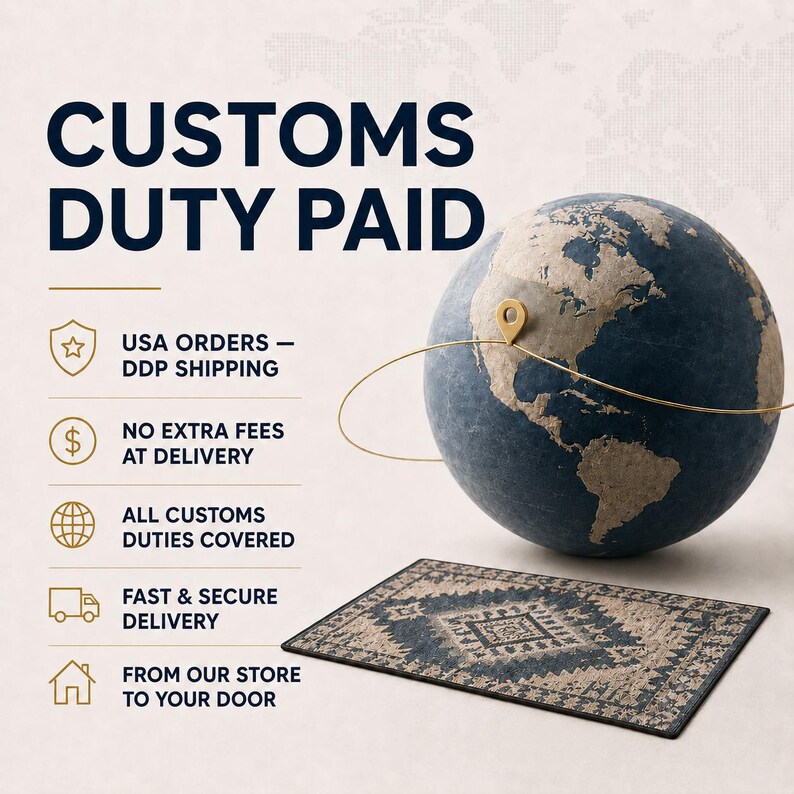 The image is an advertisement for customs duty paid services, featuring a globe and a rug. The text highlights the benefits of using the service, including USA orders, DDP shipping, no extra fees at delivery, all customs duties covered, fast and secure delivery, and from the store to your door.