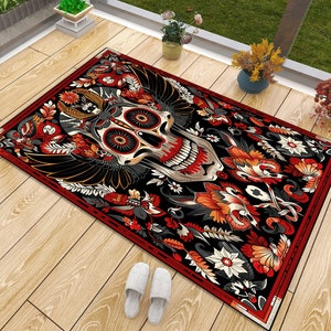 Skull Tattoo Rug: American Traditional Style, Non-Slip Cotton Base