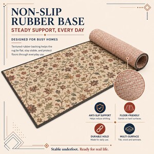 The image is an advertisement for a non-slip rubber base designed for busy homes. It features a rug with a floral pattern and highlights its features such as anti-slip support, floor-friendliness, durable hold, and multi-surface capabilities.