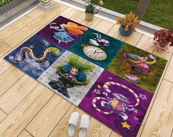 May include: A rectangular area rug featuring six distinct panels with illustrations of characters and objects from Alice in Wonderland, including a girl, a white rabbit with a pocket watch, a caterpillar, a king, a hatter, and a striped cat.