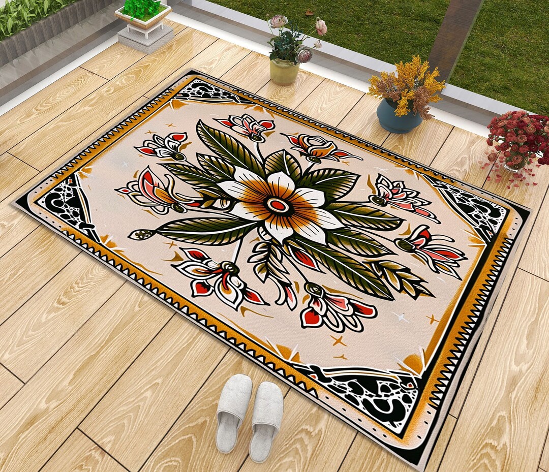 Tatto Rug Tattoo Floral Rug: 3D Print Velvet, Non-slip Cotton Base - Etsy