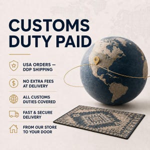 The image is an advertisement for customs duty paid services, featuring a globe and a rug. The text highlights the benefits of using the service, including USA orders, DDP shipping, no extra fees at delivery, all customs duties covered, fast and secure delivery, and from the store to your door.