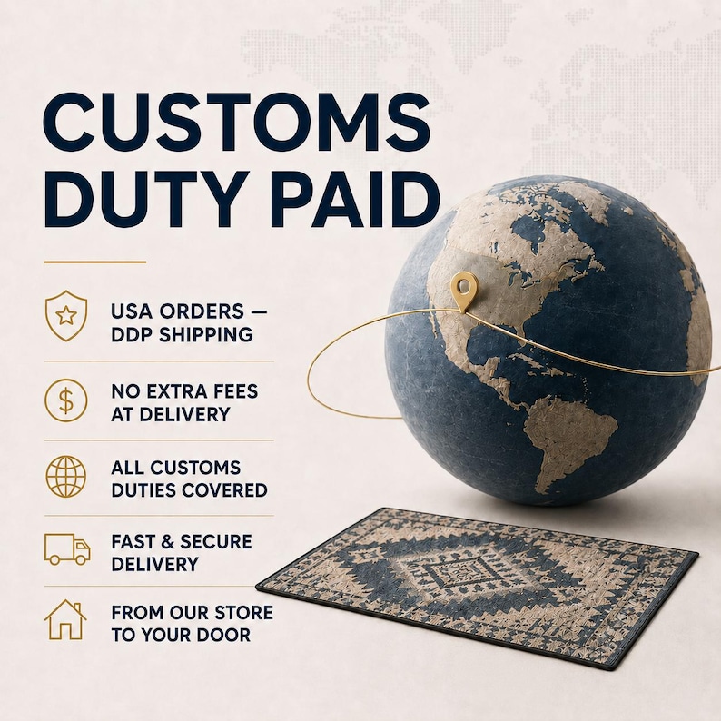 The image is an advertisement for customs duty paid services, featuring a globe and a rug. The text highlights the benefits of using the service, including USA orders, DDP shipping, no extra fees at delivery, all customs duties covered, fast and secure delivery, and from the store to your door.