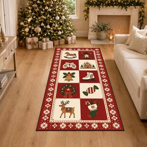 May include: A rectangular runner rug featuring a festive Christmas theme with a red and cream checkerboard pattern. The design includes illustrations of a rocking horse, mittens, a gingerbread house, a bell, an ice skate, a wreath, candy, a reindeer, and a stocking.