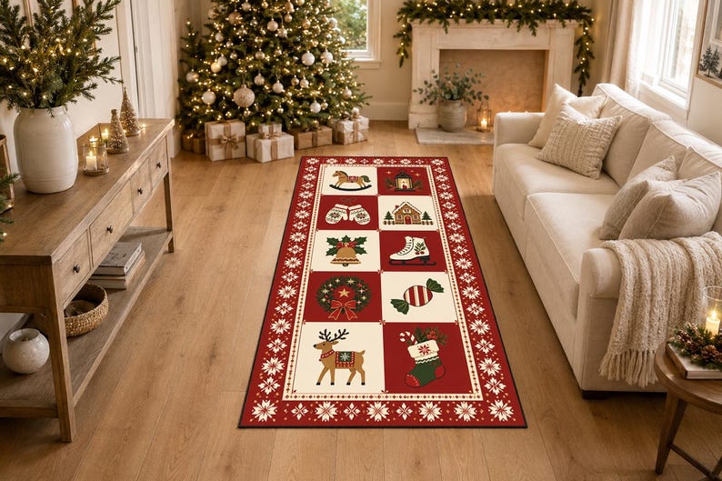 May include: A rectangular runner rug featuring a festive Christmas theme with a red and cream checkerboard pattern. The design includes illustrations of a rocking horse, mittens, a gingerbread house, a bell, an ice skate, a wreath, candy, a reindeer, and a stocking.