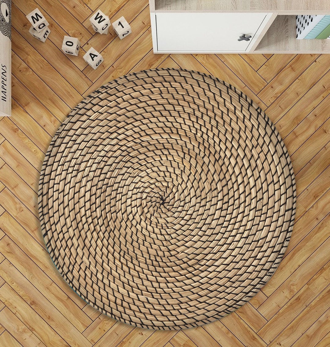 Wicker Design Round Rug: Bohemian Style, Non-slip Cotton Base - Etsy