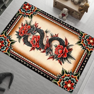 Dragon Tattoo Rug: American Traditional Style, Non-Slip Cotton Base