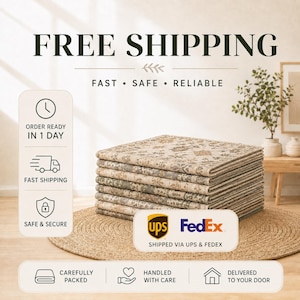 The image is an advertisement for free shipping, featuring a stack of folded fabric or linens on a woven mat. The text highlights the benefits of fast, safe, and reliable shipping, including order readiness in 1 day, fast shipping, and FedEx shipping via UPS & FedEx. The ad also emphasizes the importance of careful and secure handling, as well as the convenience of having the package delivered to your door.