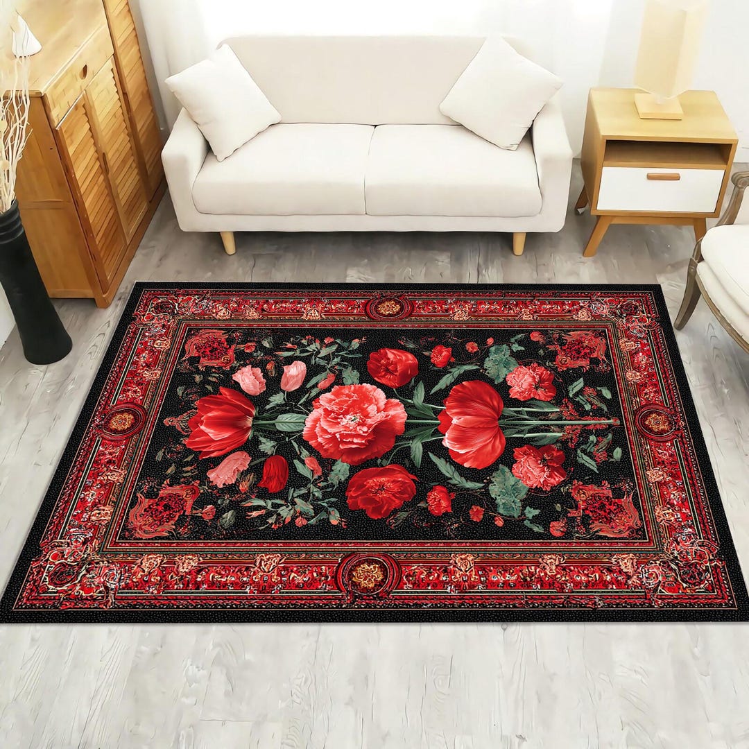 Red Rose Floral Rug: Persian Style, Vintage Oriental Rug Design - Etsy