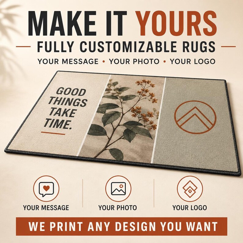 The image is an advertisement for a customizable rug service that allows customers to create their own rug designs. It features a rug with a plant design and three icons representing different design options: "Your Message", "Your Photo", and "Your Logo".
