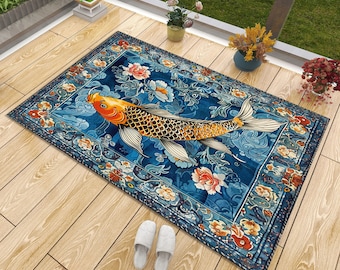 Alfombra Koi Fish: Alfombra de terciopelo azul estilo vintage con diseño de animales