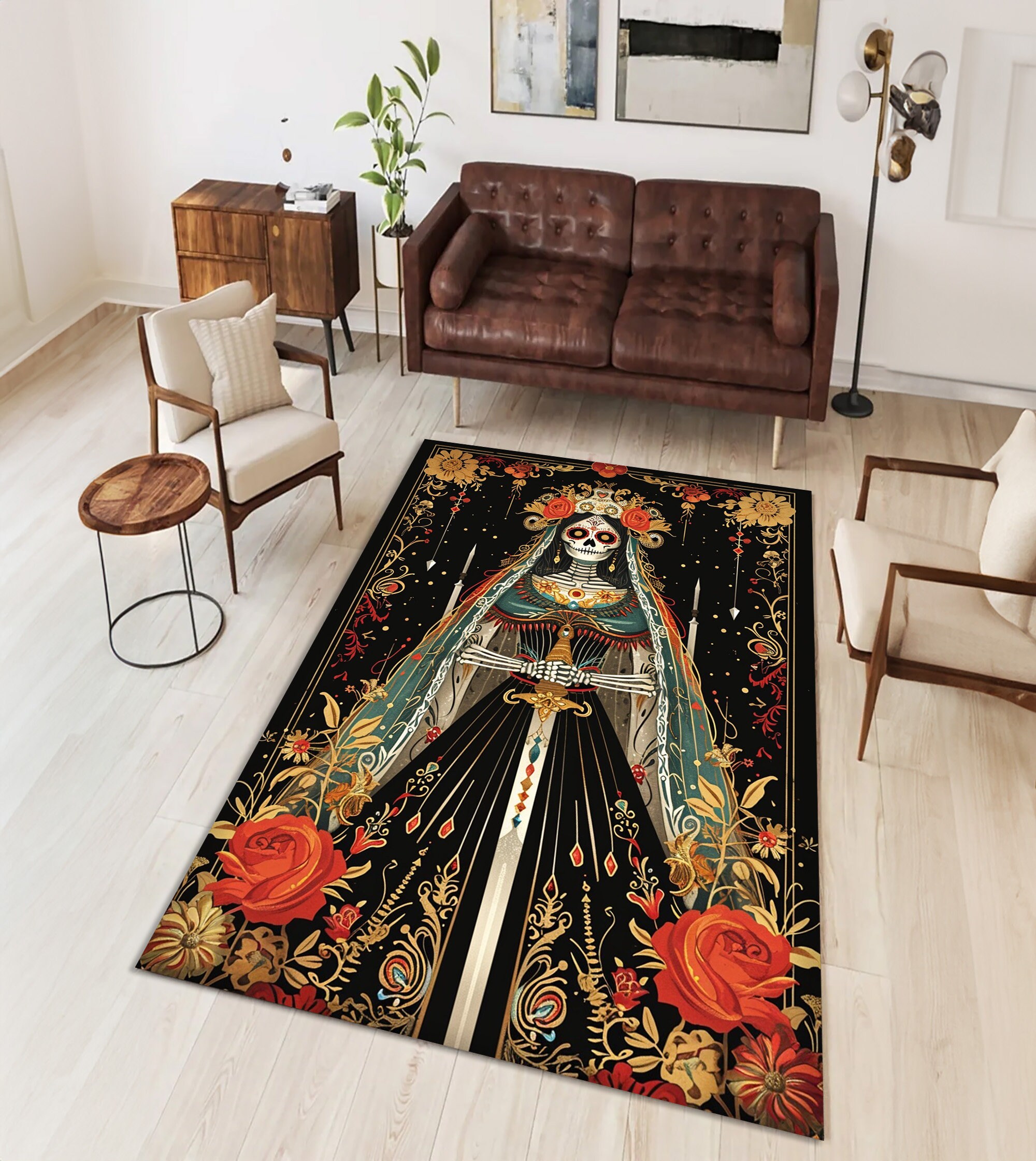 Santa Muerte Rug, Skull Rug, Sugar Skull Rug, Occult Art Rug, Occult Art, Witch Rug, Wizard Rug, Wiccan Rug, Pagan Rug, Room Decor, Gift For