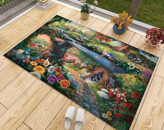 May include: A rectangular floor mat featuring a vibrant, detailed illustration of a fantasy forest scene with a winding stone path, a flowing blue stream, colorful flowers, and characters including a girl in a blue dress and a white rabbit.