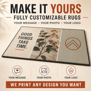 The image is an advertisement for a customizable rug service that allows customers to create their own rug designs. It features a rug with a plant design and three icons representing different design options: "Your Message", "Your Photo", and "Your Logo".