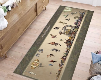 May include: A rectangular runner rug featuring a beige center panel with various Monster Hunter XX creature illustrations and text, bordered by a dark olive green frame with a subtle, repeating vine-like pattern printed along the edges.