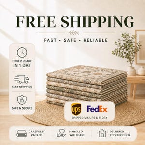 The image is an advertisement for free shipping, featuring a stack of folded fabric or linens on a woven mat. The text highlights the benefits of fast, safe, and reliable shipping, including order readiness in 1 day, fast shipping, and FedEx shipping via UPS & FedEx. The ad also emphasizes the importance of careful and secure handling, as well as the convenience of having the package delivered to your door.