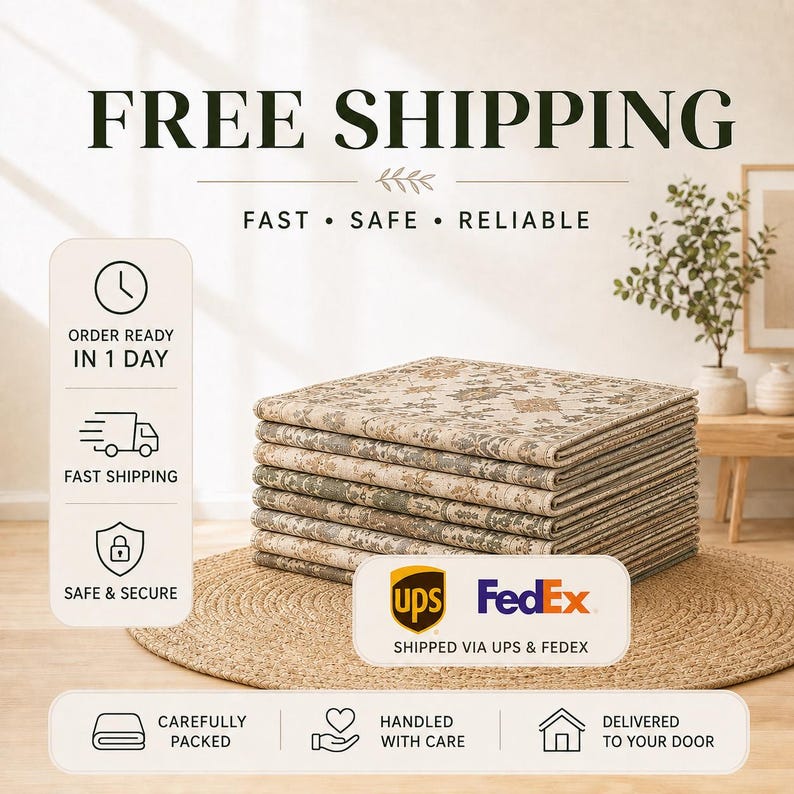 The image is an advertisement for free shipping, featuring a stack of folded fabric or linens on a woven mat. The text highlights the benefits of fast, safe, and reliable shipping, including order readiness in 1 day, fast shipping, and FedEx shipping via UPS & FedEx. The ad also emphasizes the importance of careful and secure handling, as well as the convenience of having the package delivered to your door.